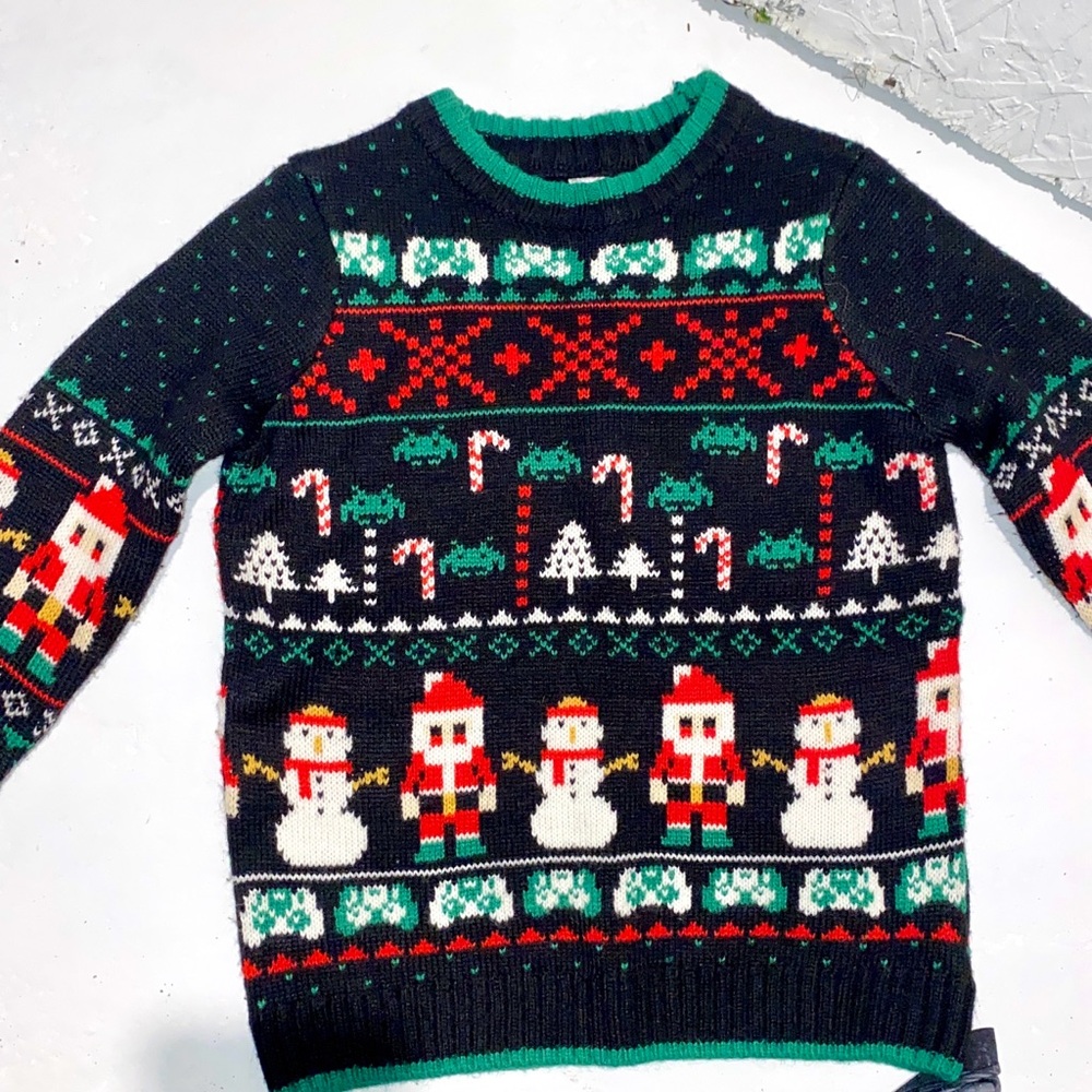 Holiday Time Black and Green Kids CHRISTMAS SWEATER Crewneck XS